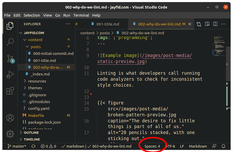 VSCode application bottom bar, with the spaces setting shortcut circled