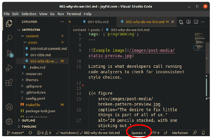 VSCode application bottom bar, with the spaces setting shortcut circled