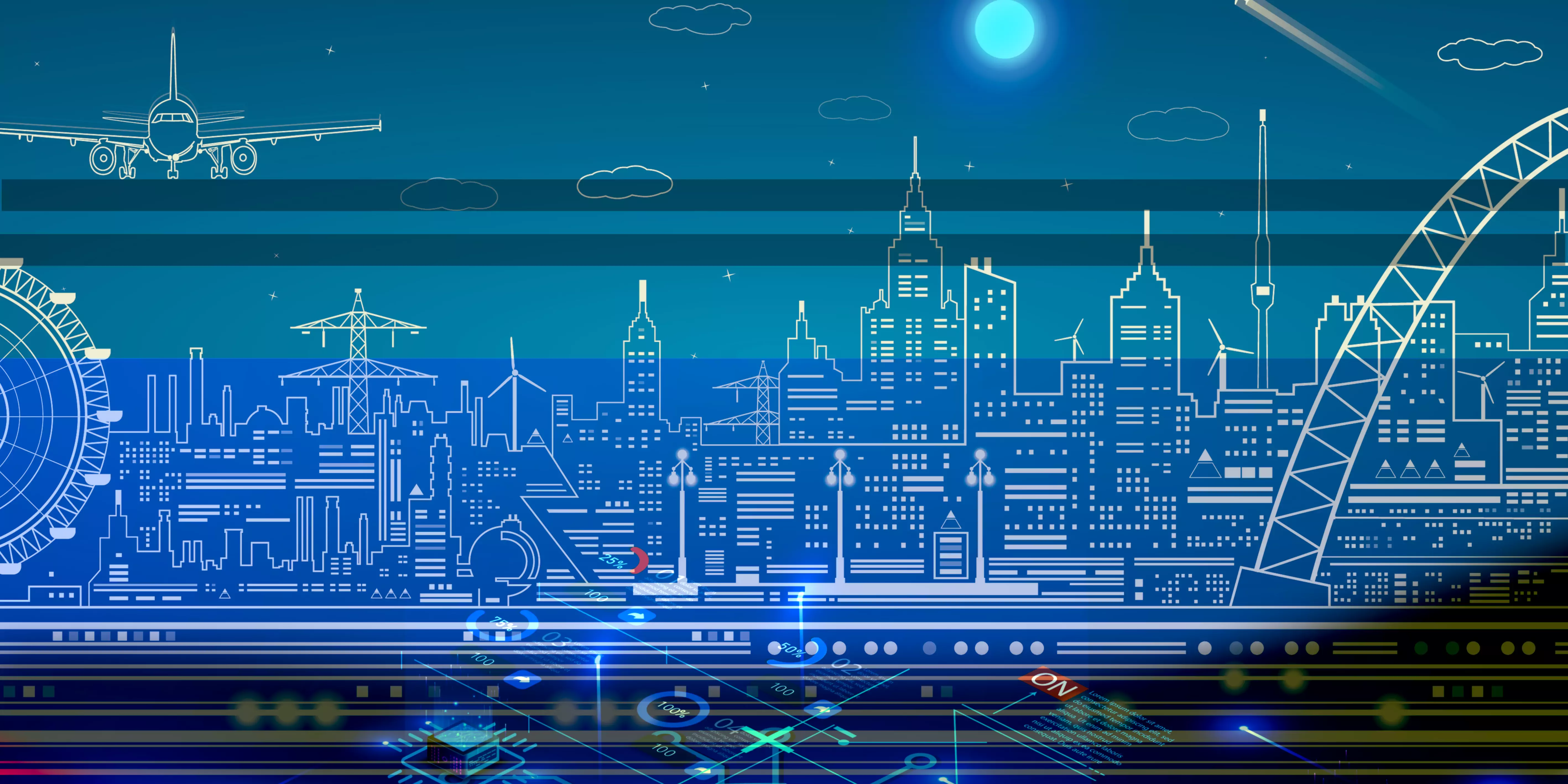 A line drawing of a modern city skyline interleaved with technical imagery.