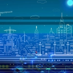 A line drawing of a modern city skyline interleaved with technical imagery.